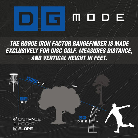 Digital display of Disc Golf Range Finder DG Mode with graphic illustrations of measurements and disc throw angles.