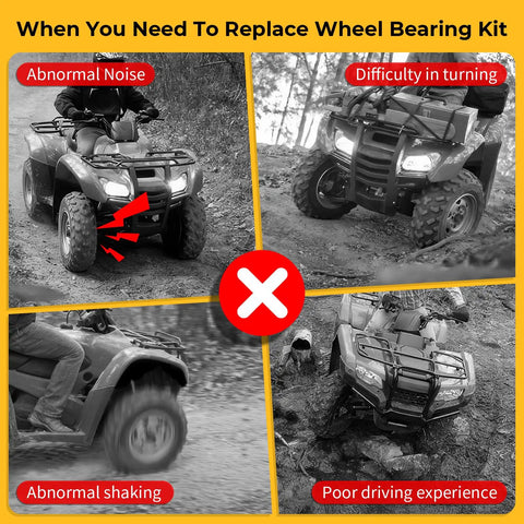 Image showing signs to replace Front Wheel Bearings And Seals Kit For Honda Fourtrax Rancher 350 400 420 4x4 Edition due to issues.