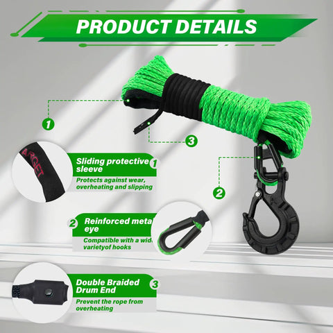 Off Road Winch Rope Kit For 4x4 Vehicles Three Sixteenth Inch By 50 Foot Synthetic Cable 8500 Lbs Green With Protective Sheath Heavy Duty Hook Safety Pull Strap Rubber Stopper