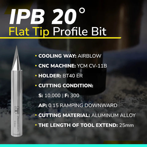 20° flat tip profile bit for CNC machining, aluminum alloy, showing technical specifications and dimensions.