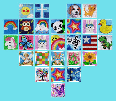Beginner Friendly Latch Hook Rug Kit For Adults, 12 Inch Small And Large Kits With Animal And Flower Patterns displayed