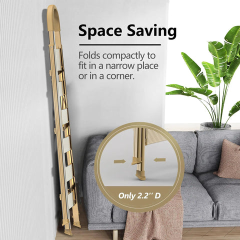 Six Step Folding Ladder For 12 Foot Ceilings Aluminum Stepladder With Gold Finish Portable Stool With Shelf EZ Fold And Store folded beside sofa, 2.2" deep