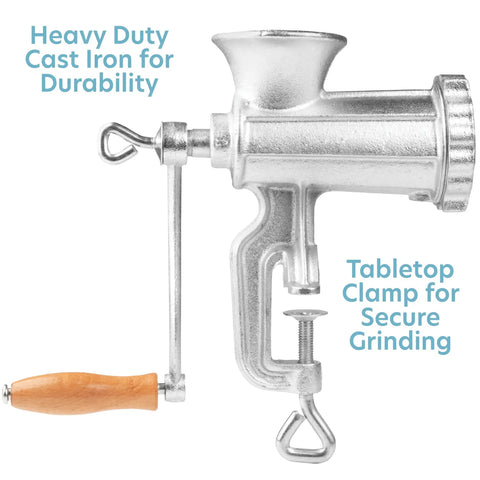 Heavy Duty Cast Iron Meat Grinder with Tabletop Clamp and Two Cutting Disks for manual mincing, shown from side view