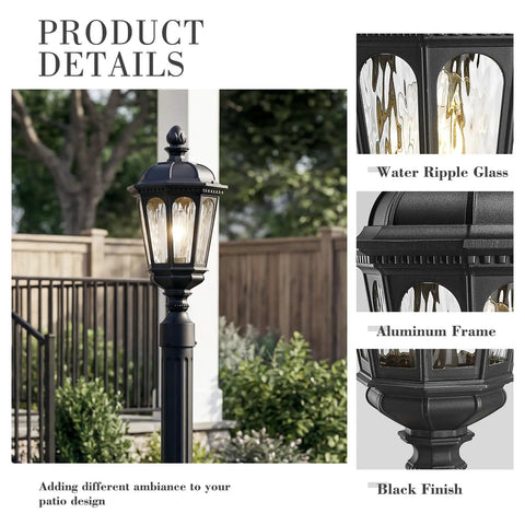 Outdoor Lamp Post Light Fixture 19 Inch Matte Black Pillar Lantern with water ripple glass in garden setting