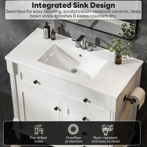 Space Saving 36 Inch Bathroom Vanity With Smooth Integrated Sink And Sturdy Adjustable Solid Wood Legs To Level Out Uneven Floors Without Sweat Plus Vintage Vibe Free Standing Cabinet With Roomy Drawers And Classic Towel Bar For Easy Morning Routines, top view with ceramic sink and modern faucet.