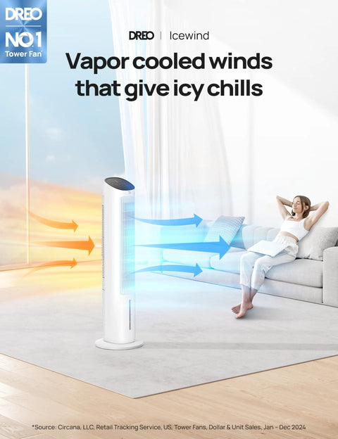 Evaporative Swamp Cooler With Bladeless Standing Fan And Removable Water Tank, Pairs Ice Packs And Fast Remote For That No Sweat Summer Chill, Four Speed Settings And Seven Hour Timer Best For Bedroom Or Office White, operates with chilled airflow.