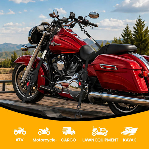 Tough Built Retractable Ratchet Straps For Heavy Duty Cargo Hauling securing a red motorcycle on a trailer.