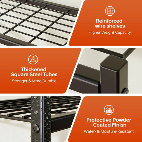 Multi Tier Metal Storage Shelves With Heavy Duty 120 Lbs Per Shelf Leveling Feet highlighted features like reinforced wire shelves
