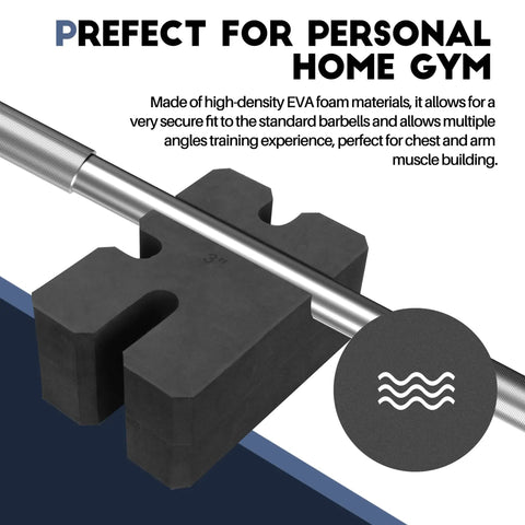 Bench Press Block For Safe, No Nonsense Training On Flat And Incline Sets, Adjustable 2-5 Board Kit shown with barbell