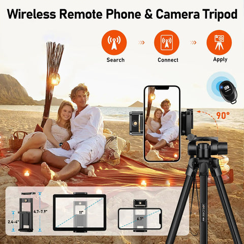 68 Inch Camera Tripod For Phone And Tablet with remote on beach, supporting phone for a photo of a couple at sunset