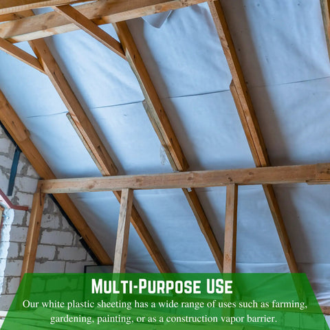 White Plastic Sheeting 10 Mil Thick Heavy Duty Polyethylene Film Drop Cloth Vapor Barrier For Crawl Space on wooden beams