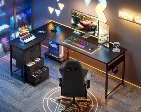 L Shaped Gaming Desk With Four Drawers And Power Outlets For Home Office 61 Inch Corner Desk With USB Charging Port And Host Stand