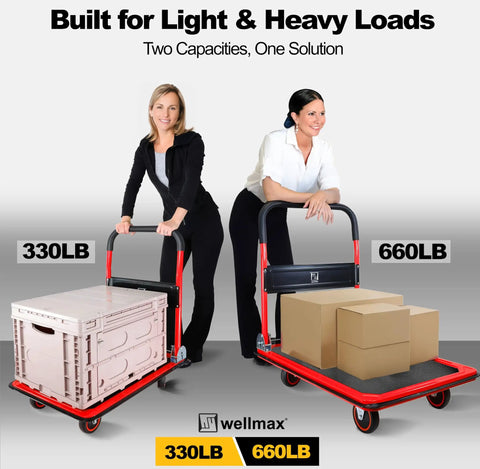 Heavy Duty Foldable Push Cart Dolly With Comfort Grip 660 Pound Capacity Moving Platform Flat Cart with two load capacities displayed.