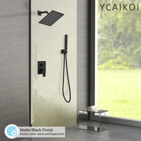 Level Up Your Daily Wash With This Matte Black Shower System Featuring An 8 Inch High Pressure Rain Head And Handheld Wall Mount Faucet Set With Rough In Valve Trim For A Smooth Install That Hits Different in a modern bathroom setting.