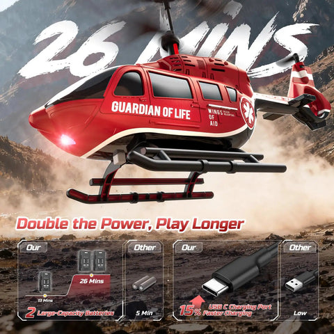 Rad Rescue RC Helicopter Toy With LED Lights And Altitude Hold flying in mountainous terrain with 26 mins flight time display