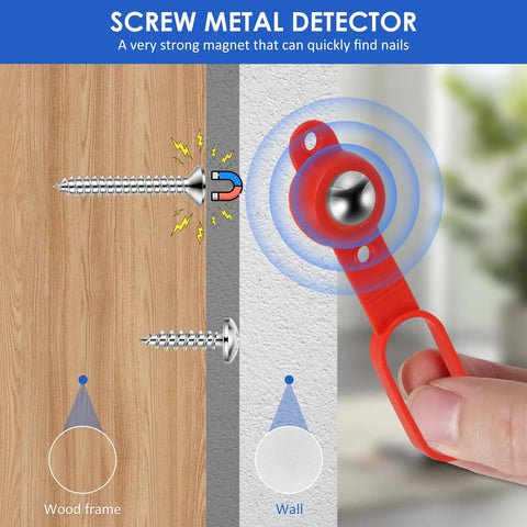 Hella Strong Magnetic Stud Finder Delivers Rock Solid Twenty Seven Pound Suction No Batteries Required Ultra Compact Build Slides Straight Into Your Pocket Best For Drywall Wood And Tile Jobs Two Pack with red magnet finding screws in wall.