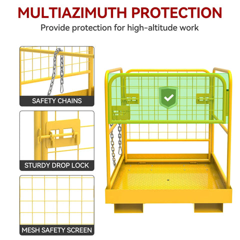Front view of Built Tough Heavy Duty Forklift Safety Cage 1200 Lb Work Platform Foldable Man Basket with safety chains and drop lock.