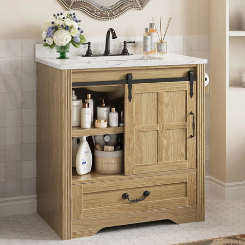 Slick 30 Inch Bathroom Vanity With Integrated Sink And Smooth Sliding Barn Door Modern Farmhouse Bathroom Cabinet with drawer and open shelves.