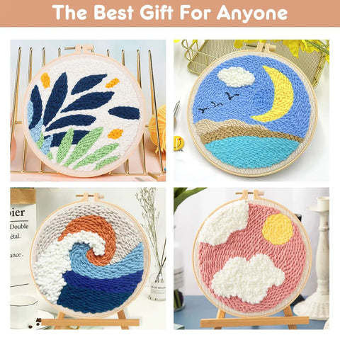 Four embroidered designs in an All In One Punch Needle Kit With Wooden Handle Embroidery Tools Hoops Cloth Scissors Threaders And More Ideal For Beginners To DIY Crafts Home Decor And Gifts In Pink, showcasing leaves, night sky, ocean wave, and clouds.