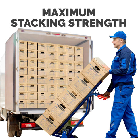 Hassle Free Small Moving Boxes With Reinforced Handles And Lift Off Lids Tape Free Assembly Heavy Duty Cardboard Carriers stacked in truck.