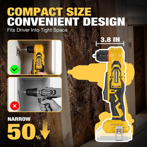 Brushless Right Angle Drill With Bright Led Work Light And Variable Speed Control Compatible With Dewalt 20v Max Batteries showcases compact size for tight spaces.