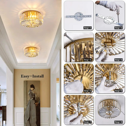 Four Light Crystal Drum Ceiling Light Fixture With Gold Brass Finish installation overview and mounted view