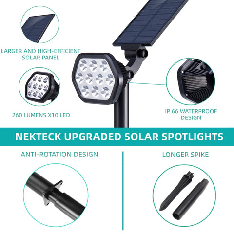 Solar Outdoor Lights 10 LED Landscape Spotlights, Two-In-One Wireless Adjustable Wall Lights, Warm White features chart