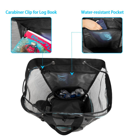 XL Scuba Dive Backpack With Wet Dry Separation And Large Mesh Gear Bag showing interior with pockets for log book and valuables