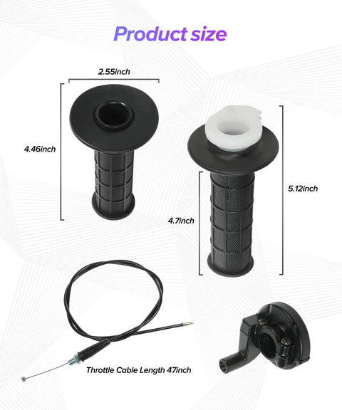 Universal Mini Bike Throttle Cable Replacement Kit with PVC grips and cable, compatible with MBX10 MBX11 MBX12, size details shown