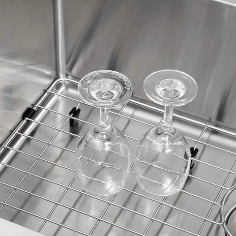 Heavy Duty Stainless Steel Sink Grid For Kitchen 27.5 By 13.5 Inches Keeps Sink Scratch Free Rear Drain Design with glasses drying
