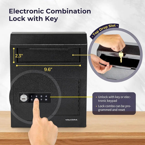 Drop Safe Box With Lock And Digital Keypad, Wall Mounted Cash Drop Box For Business, showing electronic lock and slot