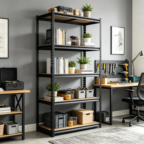 Badass Heavy Duty Five Tier Garage Shelving Unit With Reinforced Steel Legs And Rock Hard Mdf Shelves For Zero Fuss Workshop Organization And Bulky Tool Storage Solutions displayed in a modern workspace.