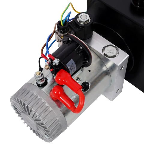 Close-up of Heavy Duty 12V DC Hydraulic Power Unit with 3HP motor, steel tank, and wiring for dump trailers and lift gates.