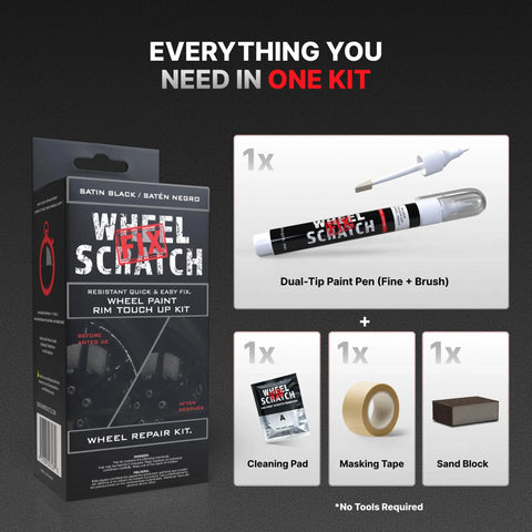 Matte Black Rim Touch Up Paint And Wheel Scratch Repair Kit with dual-tip applicator, cleaning pad, masking tape, and sand block in packaging.