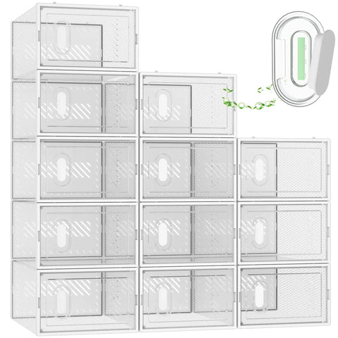 Stackable Clear Shoe Storage Boxes 332x228x145mm made of durable PP, ideal for modern closet organization and keeping shoes fresh.