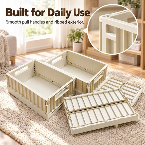 Top Shelf Foldable Storage Bins Four Pack Hella Space Savers For Tiny Apartments Dorm Rooms And Closets Easy Flat Fold Plastic Organizer Crates With Secure Lids Beige with smooth pull handles.