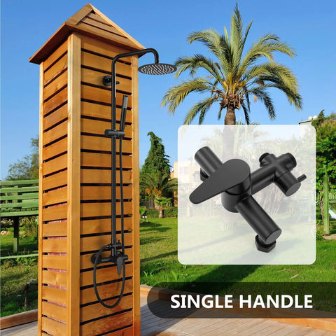 Heavy Duty Outdoor Shower Kit Including 8 Inch Rain Faceplate And Handheld Wand In Matte Black Done Right On 304 Stainless Steel for decks with single handle design.