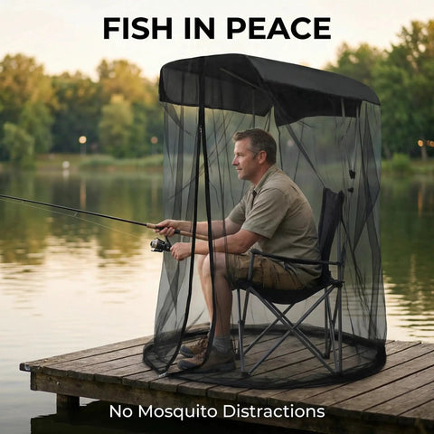 Man fishing on lake protected by Mosquito Net For Canopy Chair And Patio Swing With Zipper Door Extra Large No-See-Um