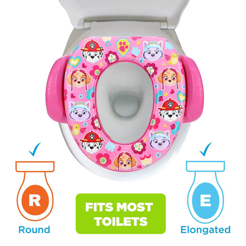 Super Chill Toddler Potty Seat With Plush Cushion And Sure Grip Handles For Smooth Baby Potty Training And No Sweat Wash Down Routine that fits snugly on a round toilet.