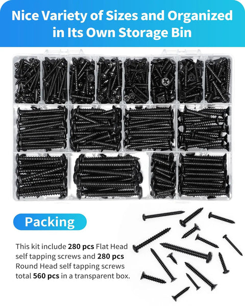 Stainless Steel Self Tapping Wood Screws Kit 560 Piece Assortment With Flat Head And Round Head M3 M4 M5 M6 organized in box