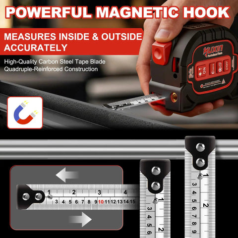 3-in-1 Laser Tape Measure With 196ft Laser Range, 16ft AutoLock Tape, Built-In Level, Type-C Rechargeable, Magnetic Hook, 6 Modes For Construction And DIY Pros, Ultra-Accurate Distances And Quick Measurements; magnetic hook and steel tape visible