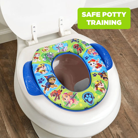 Toddler Potty Training Seat With Comfy Cushion And Sure Grip Handles Easy Cleanup Fits Regular Toilets Bpa Free Kid Approved Zero Drama Smooth Operator For Children on a toilet with colorful character design.