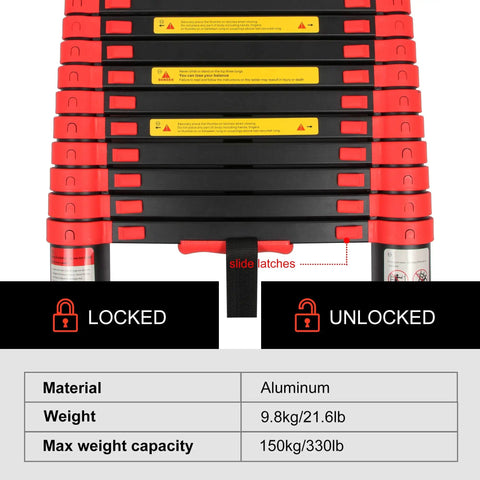 Locked and unlocked sliding latches of Beefy Heavy Duty Aluminum Telescoping Ladder Twelve And A Half Foot Extension Folding Multipurpose Ladder For Roofing Outdoor Home Use 330 Lb Capacity Portable Space Saver Red.