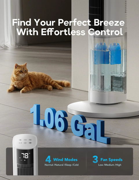 Close-up of windowless portable evaporative cooler with 1 gal tank and ice packs, featuring control panel and cat nearby