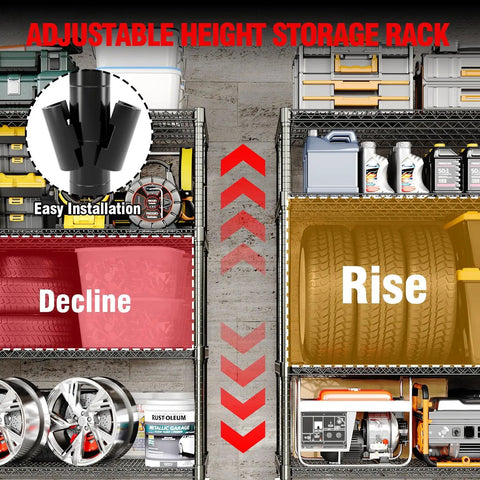 Extra Large Built Tough Four Tier Carbon Steel Wire Shelving Unit With Roller Glide Wheels showcasing adjustable height features and tire storage.