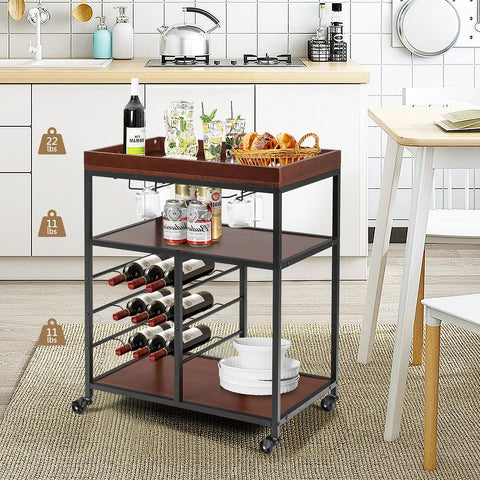 Slick Rolling Kitchen Island Cart With Rustic Brown Wood And Steel Frame Nine Bottle Wine Rack Double Glass Holders Lockable Wheels in kitchen.