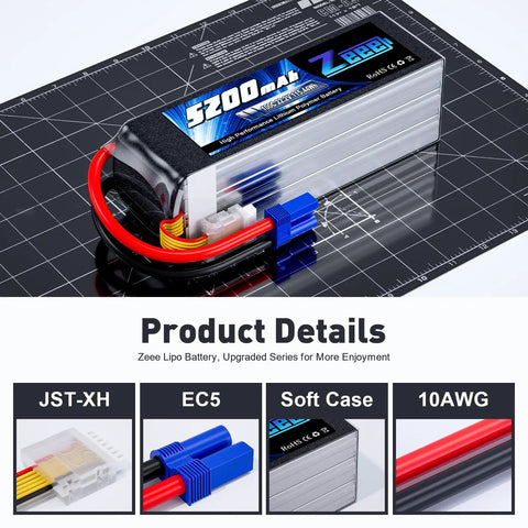 Beefy 6S 5200mAh 22.2V 100C Soft Pack LiPo Battery With EC5 Connector on grid mat showing product details
