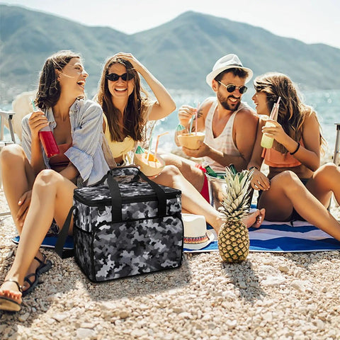 Picnic Backpack Cooler Bag With 30L Capacity Insulated Food And Drink Carrier on beach with group of friends, camouflage design