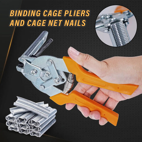 Person holding Nail Ring Pliers Kit With 1800 M Clips For Fencing Installation, showcasing metal and orange handle design.