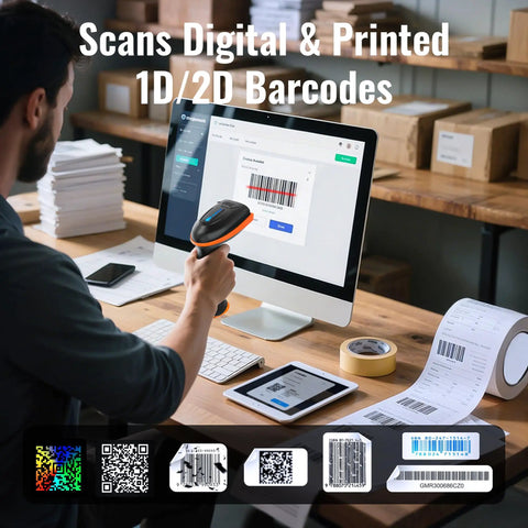 Person using 1D And 2D QR Barcode Scanner Wireless And Wired With Battery Level Indicator 2200mAh Battery Long Lasting Power Cordless Handheld Barcode Reader Plug And Play Model D5100 at office desk with computer